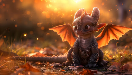 Cute baby dragon with wings, sitting on the ground in an autumn forest during sunset - Powered by Adobe