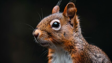 A squirrel with a brown and white face is staring at the camera