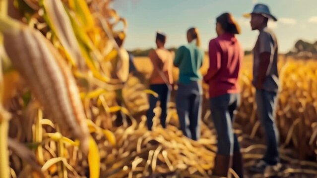 A diverse group of people standing in a field of corn with stacks of harvested crops in the background. The image is accompanied by the phrase Supporting local farmers and reducing .