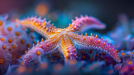 A starfish with orange and pink colors is surrounded by other sea creatures