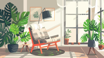 Comfortable chair lamp and house plants. Scandinavian