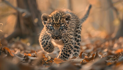 A baby leopard cub is running through the forest