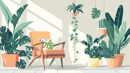 Comfortable chair sofa and house plants. Vector flat
