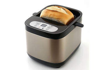 A compact bread maker with a stainless steel body and a removable bread pan for easy serving isolated on a solid white background.