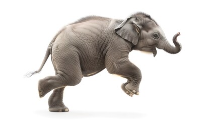 Playful Baby Elephant Striding Forward on White Background. Ideal for Educational Material. Perfect for Children's Storybooks. Captured in Mid-motion. AI
