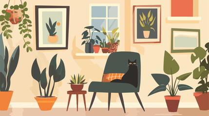 Comfortable chair with cat paintings and house plants