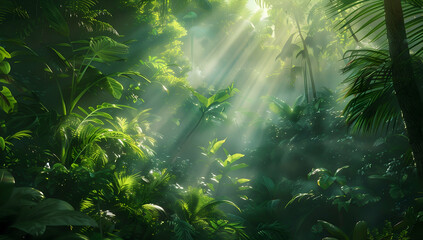 A lush, dense jungle with rays of sunlight piercing through the canopy,