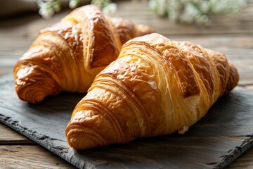 Golden Butter Bliss: Tasty Croissant Breakfast Duo on Dark Textured Board