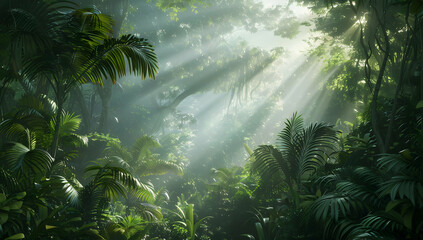 A dense jungle canopy with rays of sunlight piercing through