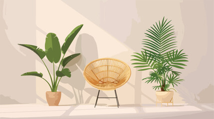Comfortable rattan chair and house plants. Vector fla