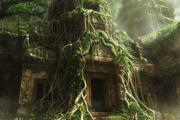 A majestic ancient temple overgrown with vines and moss, shrouded in misty sunlight. The roots of the tree that grows on top were wrapped around the walls of an old building - Powered by Adobe