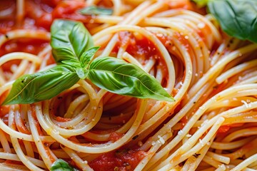 Tomato Sauce Sheen: Garnished Spaghetti Dinner Artistry with Fresh Basil Accents