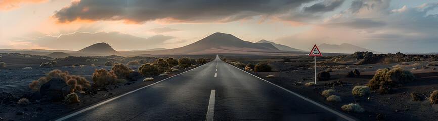 a long road leading to the horizon, with mountains in background - obrazy, fototapety, plakaty