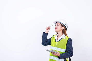 Happy woman engineer worker working with digital tablet on white background.