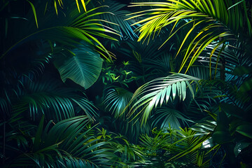 A lush jungle scene with vibrant green foliage, palm leaves and exotic plants. Dark background with dramatic lighting