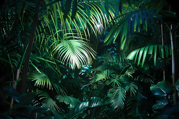 A dense jungle of green foliage, with palm fronds and other tropical plants in full bloom