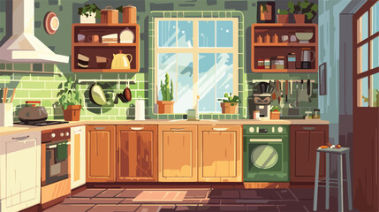 Cozy interior kitchen in rustic style with window. Vector