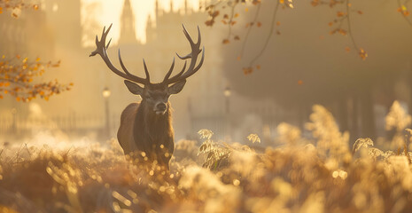 A majestic stag with impressive antlers stands in the heart of an autumn meadow, surrounded by golden sunlight and misty morning dew
