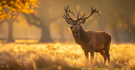 A majestic red deer with impressive antlers stands majestically in the golden autumn meadow, bathed in warm sunlight.