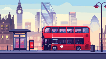 Double-decker bus and bus stop on abstract cityscape