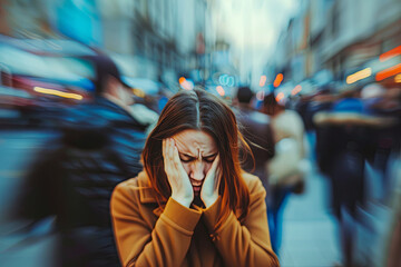 Panic attack in public place. Woman having panic disorder in city. Psychology, solitude, fear or mental health problems concept. Depressed sad person surrounded by people walking in busy street