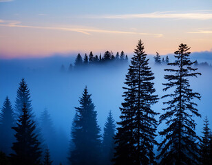 Fototapeta na wymiar Misty forest at dusk with silhouettes of pine trees