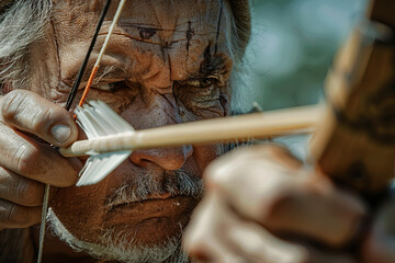 Man poised to release an arrow from a bow
