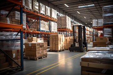 Forklift truck in warehouse. Logistics, transportation and shipping concept