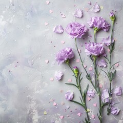 Mother's Day fashionable layout: Overhead shot of fresh carnations, sentimental message, tiny hearts, and confetti on a delicate lilac surface, with blank space for words or adverts