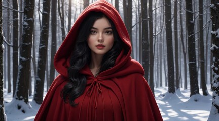 An oil painting, young woman with black hair, wearing a thick red hooded cloak standing in a snowy...