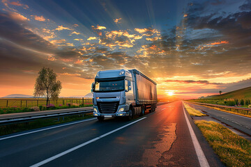 Large Transportation Truck on a highway road through the countryside in a beautiful sunset
