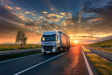 Obraz premium Large Transportation Truck on a highway road through the countryside in a beautiful sunset 