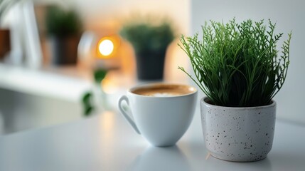 A white desk showcasing a potted plant next to a coffee cup, creating a simple yet elegant setting