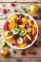 Bowl of healthy fresh fruit salad on wooden background. Top view
