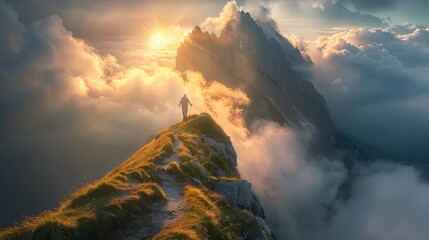 A man stands triumphantly on a mountain peak high above the clouds, gazing at the vast landscape below