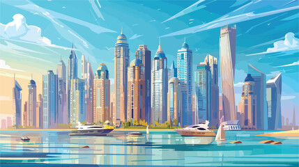 Dubai Marina with modern skyscrapers at sunny day. Du