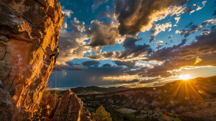 A man courageously scales a rugged cliff face against a stunning sunset as the backdrop