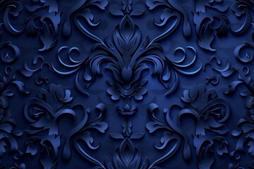 A luxurious pattern with royal damask designs etched into a deep midnight blue texture.