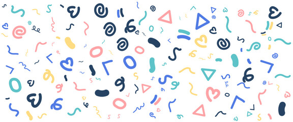 Colorful hand drawn style shapes abstract fun line doodle banner. Vector illustration for banner, background, pattern, brochure, cover, template, decoration, ads, prints, branding design