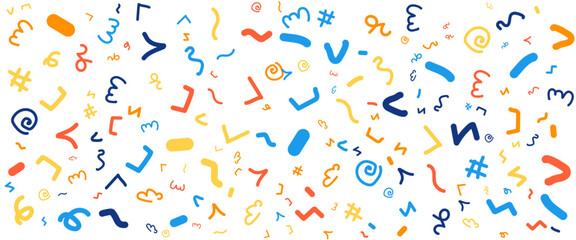Colorful flat abstract shapes fun line doodle banner. Vector illustration for banner, background, pattern, brochure, cover, template, decoration, ads, prints, branding design
