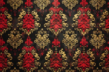 Fototapeta premium A grand display of scarlet and gold damask patterns on a dark backdrop, ideal for luxury interiors