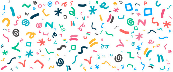 Colorful minimalist abstract fun line doodle banner with cute shapes. Vector illustration for banner, background, pattern, brochure, cover, template, decoration, ads, prints, branding design