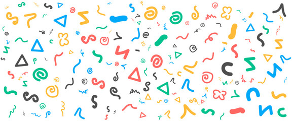 Colorful flat shapes abstract fun line doodle banner with cute simple style. Vector illustration for banner, background, pattern, brochure, cover, template, decoration, ads, prints, branding design