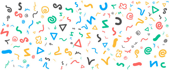 Colorful hand drawn flat abstract shapes pattern design fun line doodle banner. Vector illustration for banner, background, pattern, brochure, cover, template, decoration, ads, prints, branding design