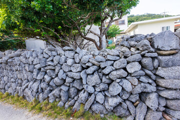 阿嘉島の市街地の伝統的な古い石垣。
貴重なサンゴの塊が利用されている。
現在ではサンゴが保護対象のため建造することができない貴重なものである。
日本国沖縄県島尻郡慶良間諸島の阿嘉島にて。
2021年4月27日撮影。
Traditional old stone walls in the urban area of Aka Island.
The stone walls are made of pre