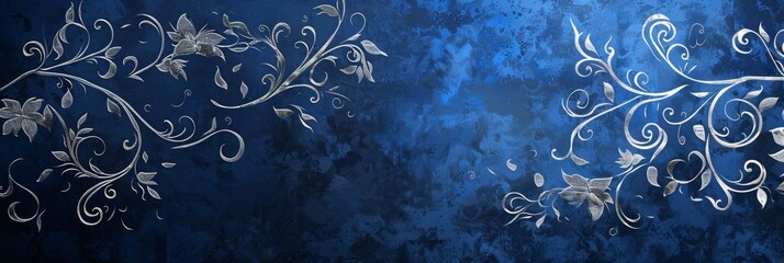 Ethereal silver floral patterns whisper across a textured blue canvas, ideal for serene and sophisticated backgrounds.