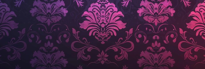 This alluring wallpaper boasts vibrant fuchsia damask designs set upon a deep purple textured canvas.