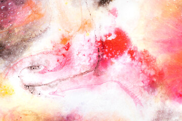 Abstract art with yellow and pink watercolour splashes and dots for creative background or...