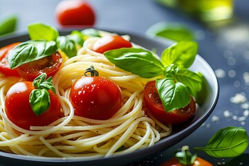 Tantalizing Gastronomy: A Gorgeous Still Life of Tomato, Basil, and Noodles - Italian Cuisine Captured Supreme