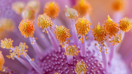 Fototapeta premium Detailed view of a flower covered in water droplets, showcasing the interaction of pollen grains with the stigma